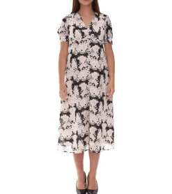 Kleider*O46bpx florales Damen Sommer-Kleid nachhaltiges Midi-Kleid aus recyceltem Material knielanges leichtes Chiffon-Kleid mit Knopfleiste 963798 Weiß/Rosa/Schwarz