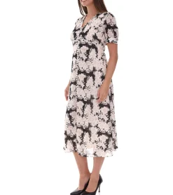 Kleider*O46bpx florales Damen Sommer-Kleid nachhaltiges Midi-Kleid aus recyceltem Material knielanges leichtes Chiffon-Kleid mit Knopfleiste 963798 Weiß/Rosa/Schwarz