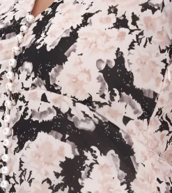 Kleider*O46bpx florales Damen Sommer-Kleid nachhaltiges Midi-Kleid aus recyceltem Material knielanges leichtes Chiffon-Kleid mit Knopfleiste 963798 Weiß/Rosa/Schwarz