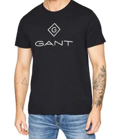 T-Shirts & Tank Tops*GANT Herren T-Shirt mit großem Marken-Print Baumwoll-Shirt Rundhals-Shirt 2023000 5 Schwarz