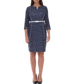 Große Größen|Kleider*O46bpx gepunktetes Damen Frühlings-Kleid inklusive Gürtel Strand-Outfit Midi-Kleid 940590 Dunkelblau/Weiß