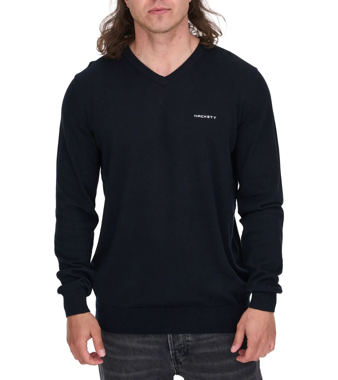 Pullover & Sweater*HACKETT LONDON GOLF Herren Baumwoll-Pullover Strick-Pullover mit V-Ausschnitt Langarm-Shirt HMX500F Schwarz