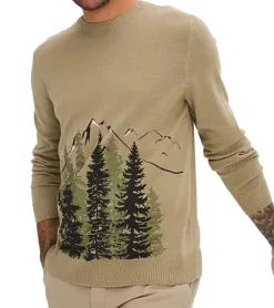 Pullover & Sweater*O46bpx Herren Feinstrick-Pullover Rundhals-Pullover mit Wald und Berge-Muster Winter-Pulli Große Größen 971556 Khaki