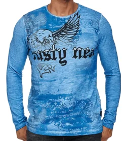 Pullover & Sweater*O46rn Herren Langarm-Shirt mit Adler Print Sommer-Baumwoll-Longsleeve Freizeit-Pullover R-10143 Blau