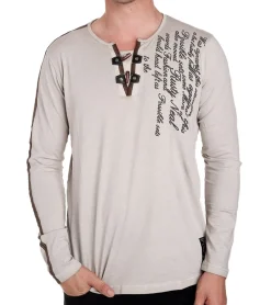 Pullover & Sweater*O46rn Herren Langarm-Shirt mit Schriftzug Sommer-Baumwoll-Longsleeve mit V-Ausschnitt Freizeit-Pullover R-10115 Beige