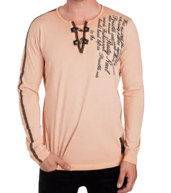 Große Größen|Pullover & Sweater*O46rn Herren Langarm-Shirt mit Schriftzug Sommer-Baumwoll-Longsleeve mit V-Ausschnitt Freizeit-Pullover R-10115 Hell-Orange