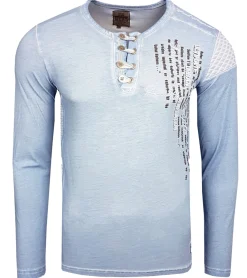 Pullover & Sweater*O46rn Herren Langarm-Shirt mit schlichten Print und Knopfleiste Sommer-Baumwoll-Longsleeve Freizeit-Pullover R-10139 Blau