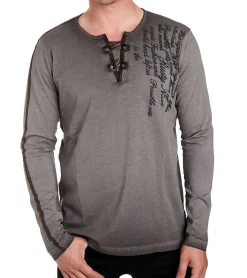 Pullover & Sweater*O46rn Herren Langarm-Shirt mit Schriftzug Sommer-Baumwoll-Longsleeve mit V-Ausschnitt Freizeit-Pullover R-10115 Dunkelgrau