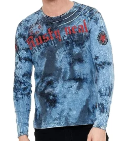 Pullover & Sweater*O46rn Herren Longsleeve im Batik-Stil mit Schriftzug Langarm-Shirt Sommer-Pullover Freizeit-Shirt R-10155 Indigo-Blau
