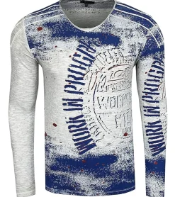 Pullover & Sweater*O46rn Herren Longsleeve im Vintage-Stil Work in Progress Langarm-Shirt Rundhals Baumwoll-Shirt R-10109 Hellgrau