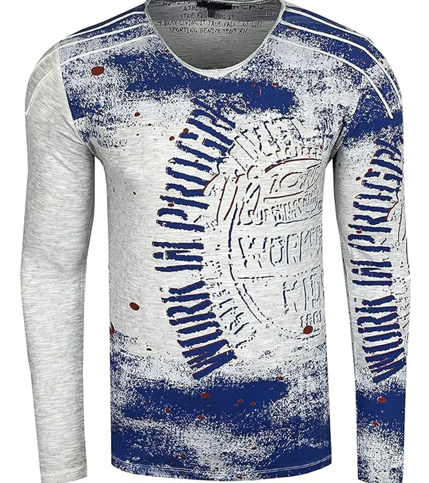 Pullover & Sweater*O46rn Herren Longsleeve im Vintage-Stil Work in Progress Langarm-Shirt Rundhals Baumwoll-Shirt R-10109 Hellgrau