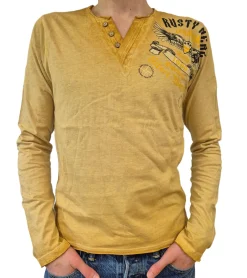 Pullover & Sweater*O46rn Herren Longsleeve im Vintage-Stil Commander Print Langarm-Shirt Rundhals Baumwoll-Shirt R-15046 Camel-Braun