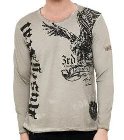 Pullover & Sweater*O46rn Herren Longsleeve Langarm-Shirt mit Adler-Druck Rundhals Baumwoll-Shirt R-10147 Beige