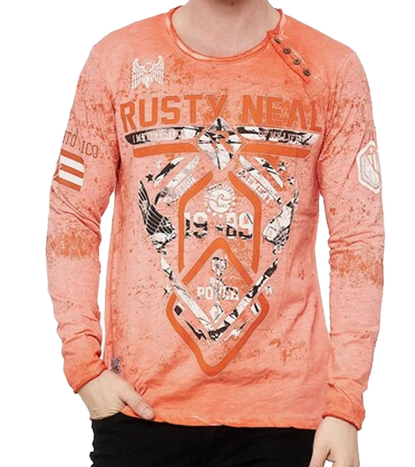 Pullover & Sweater*O46rn Herren Longsleeve mit Fighter-Print Baumwoll-Langarm-Shirt Sommer-Pullover Freizeit-Shirt R-10150 Orange