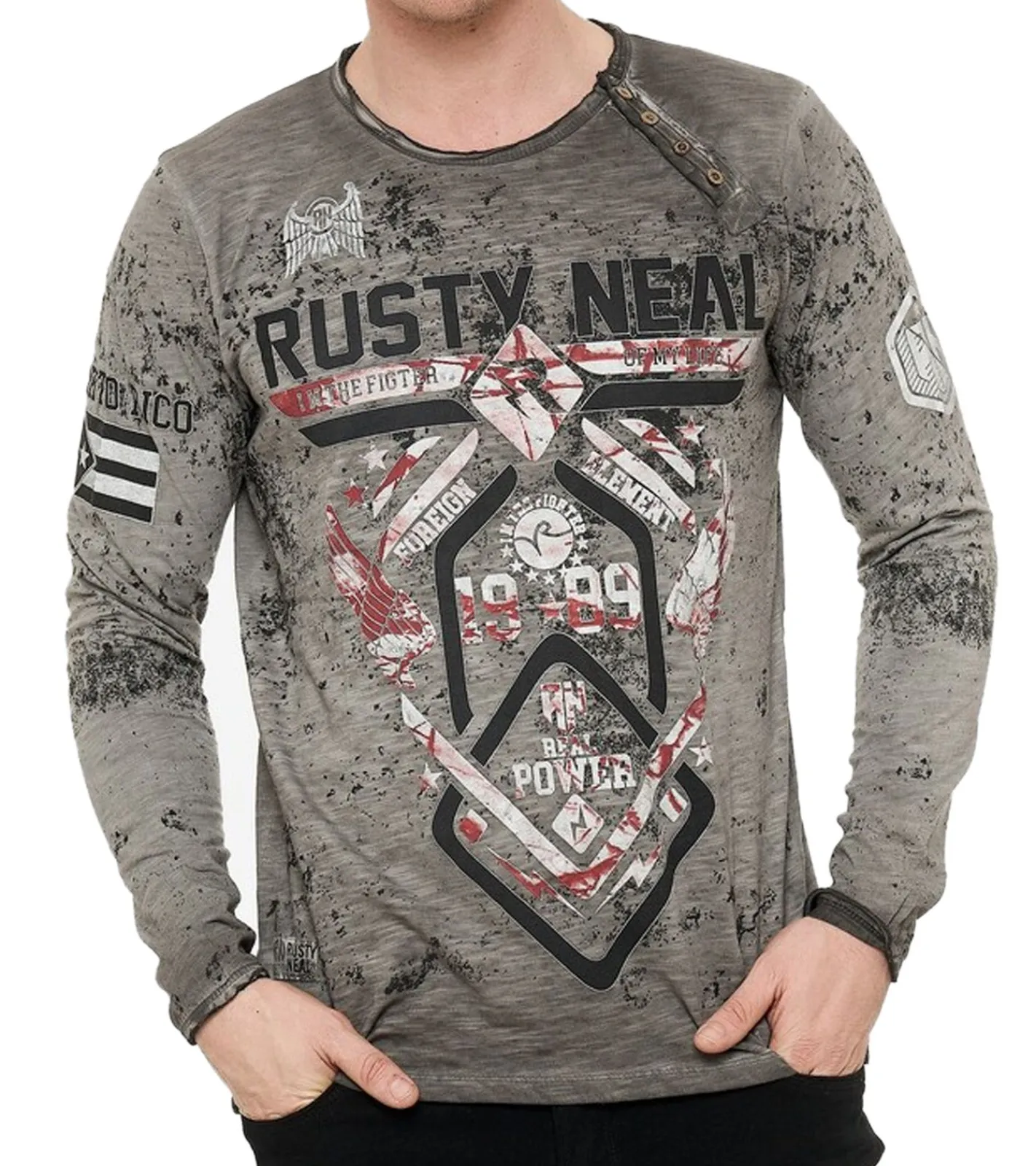 Pullover & Sweater*O46rn Herren Longsleeve mit Fighter-Print Baumwoll-Langarm-Shirt Sommer-Pullover Freizeit-Shirt R-10150 Grau
