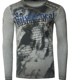 Pullover & Sweater*O46rn Herren Longsleeve mit großem Schriftzug Baumwoll-Langarm-Shirt Sommer-Pullover Freizeit-Shirt R-10155 Dunkelgrau