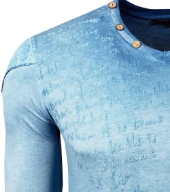 Pullover & Sweater*O46rn Herren Longsleeve mit Schriftzug Baumwoll-Langarm-Shirt Sommer-Pullover mit V-Ausschnitt Freizeit-Shirt R-10117 Hell-Blau