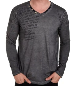 Pullover & Sweater*O46rn Herren Longsleeve mit Schriftzug Baumwoll-Langarm-Shirt Sommer-Pullover mit V-Ausschnitt Freizeit-Shirt R-10117 Dunkelgrau