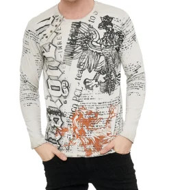 Pullover & Sweater*O46rn Herren Longsleeve mit urbanen Motiv-Print Langarm-Shirt mit Knopfleiste an Ausschnitt R-10141 Beige