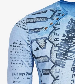 Pullover & Sweater*O46rn Herren Longsleeve mit urbanen Motiv-Print Langarm-Shirt mit Knopfleiste an Ausschnitt R-10141 Blau