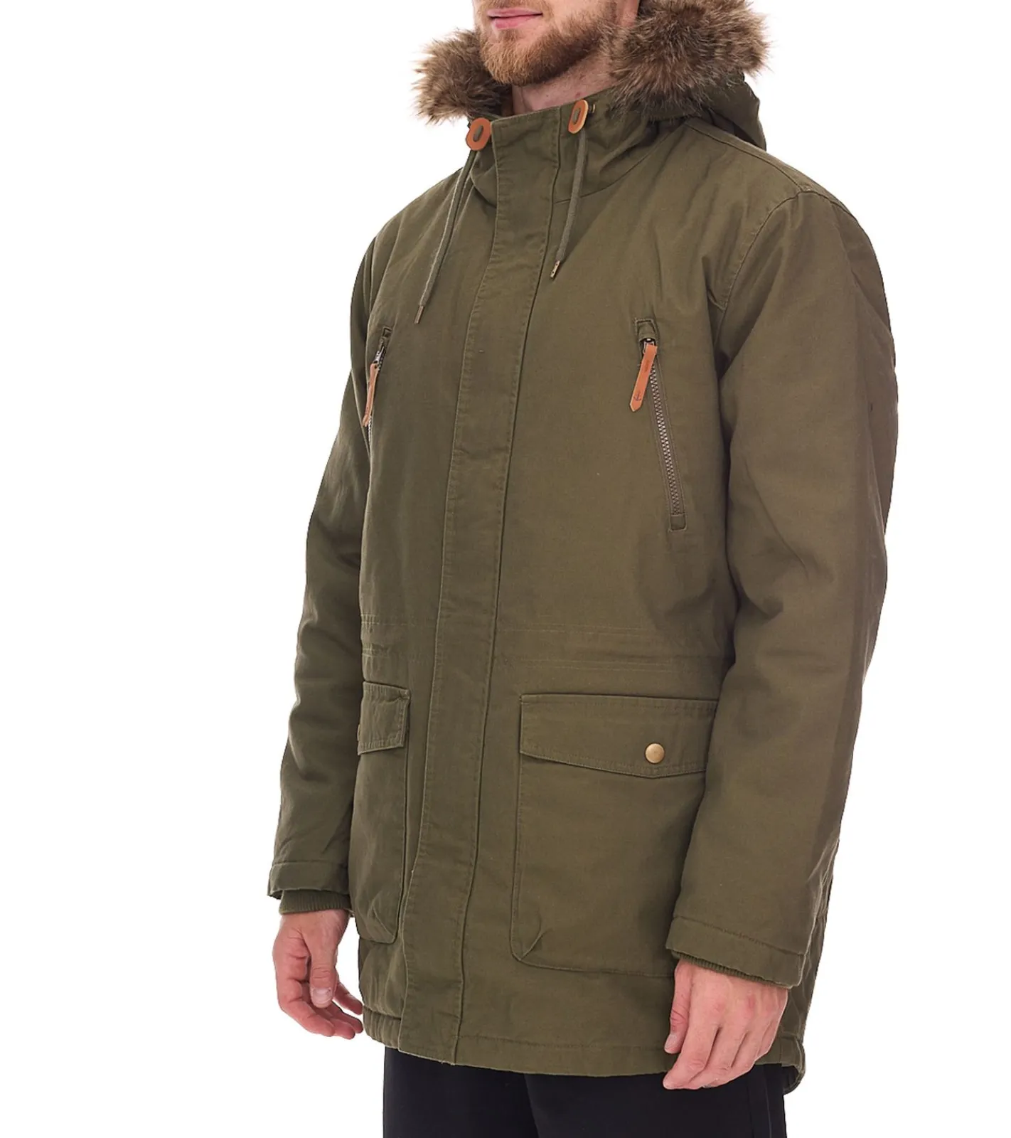 Jacken & Mäntel*O46bpx Herren Parka mit Fellkapuze längere Jacke im Military Look Baumwoll-Jacke 940163 Khaki-Grün