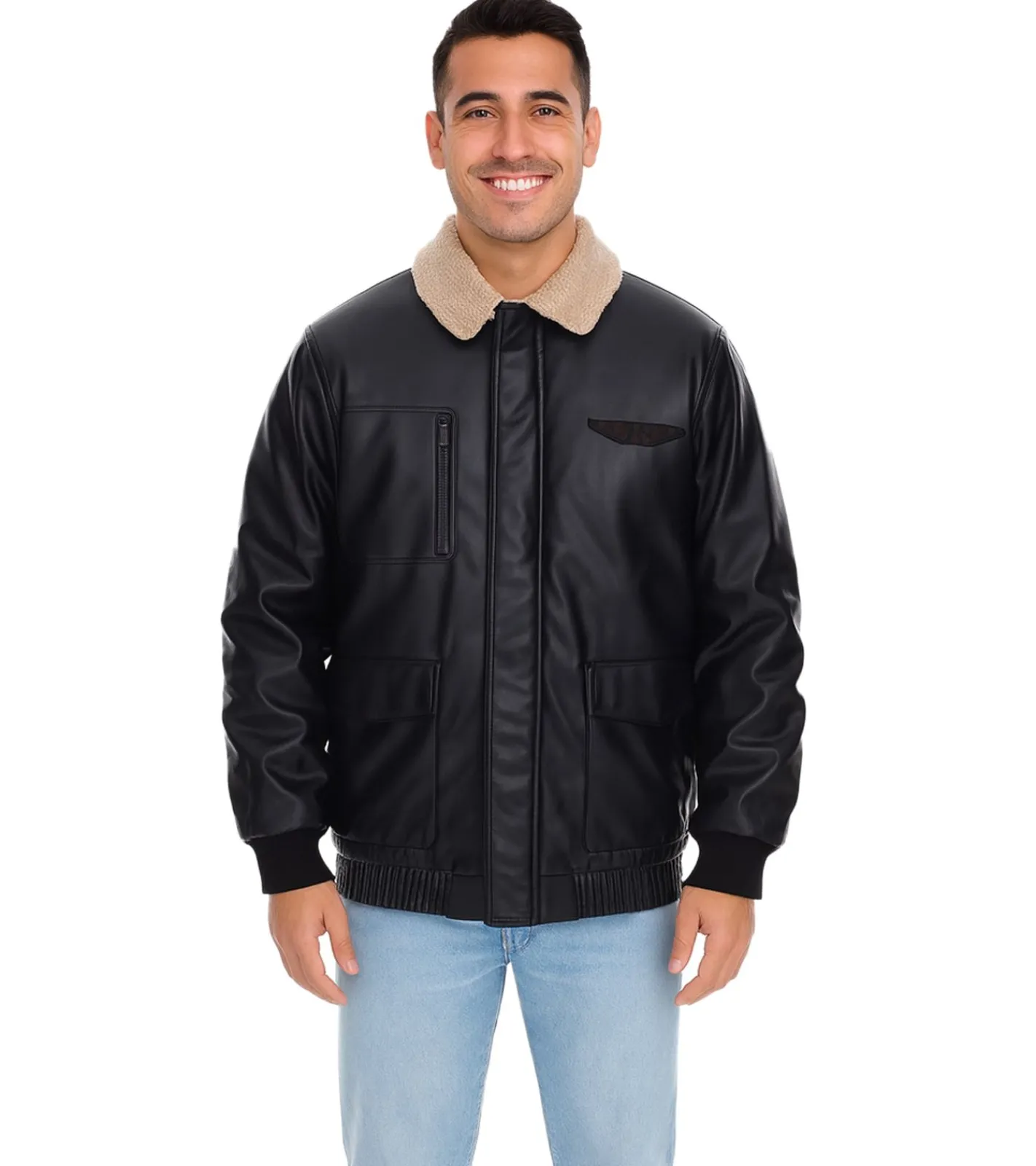 Jacken & Mäntel*O46bpx Herren Piloten-Jacke aus Lederimitat stylische Outdoor-Jacke mit Teddykragen 950871 Schwarz