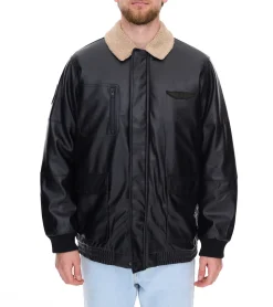 Jacken & Mäntel*O46bpx Herren Piloten-Jacke aus Lederimitat stylische Outdoor-Jacke mit Teddykragen 950871 Schwarz