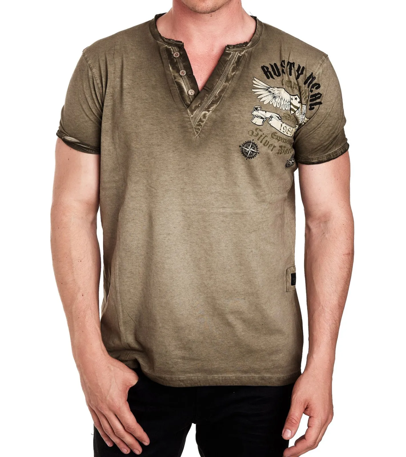 Pullover & Sweater*O46rn Herren Shirt im Vintage-Stil Commander Print Kurzarm-Shirt Rundhals Baumwoll-Shirt R-15046 Khaki