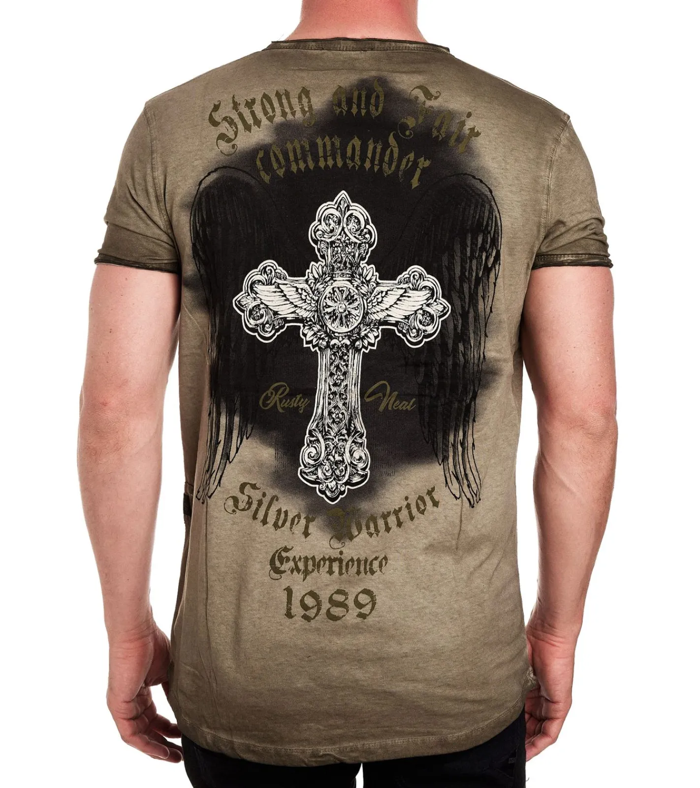 Pullover & Sweater*O46rn Herren Shirt im Vintage-Stil Commander Print Kurzarm-Shirt Rundhals Baumwoll-Shirt R-15046 Khaki