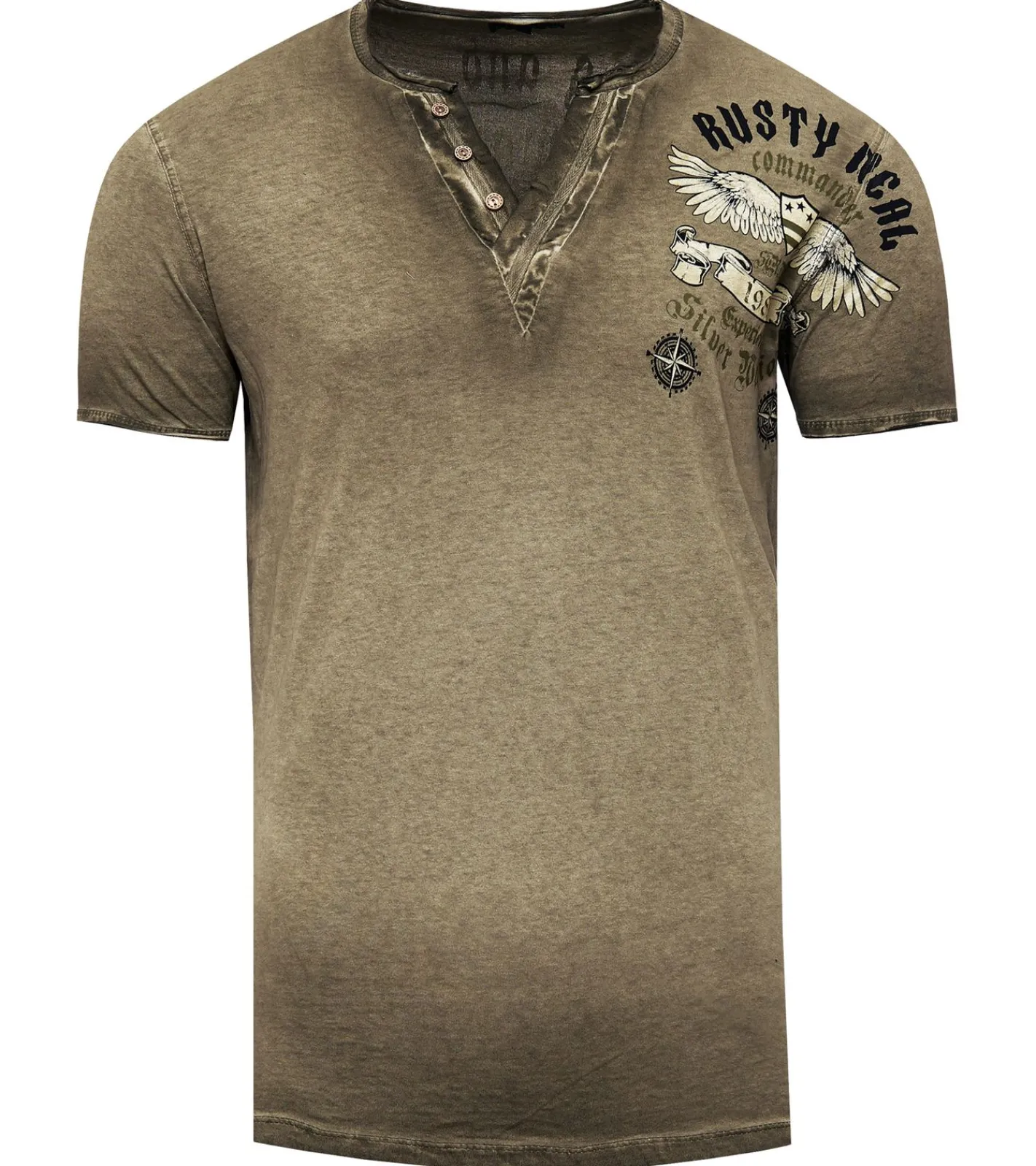 Pullover & Sweater*O46rn Herren Shirt im Vintage-Stil Commander Print Kurzarm-Shirt Rundhals Baumwoll-Shirt R-15046 Khaki