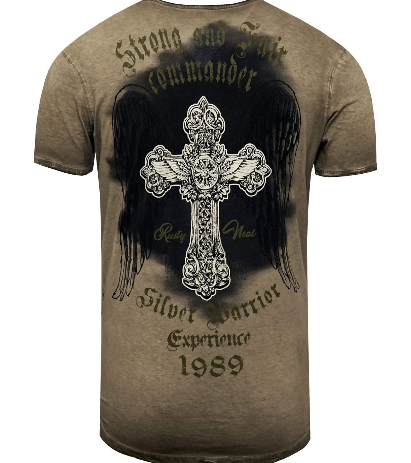 Pullover & Sweater*O46rn Herren Shirt im Vintage-Stil Commander Print Kurzarm-Shirt Rundhals Baumwoll-Shirt R-15046 Khaki