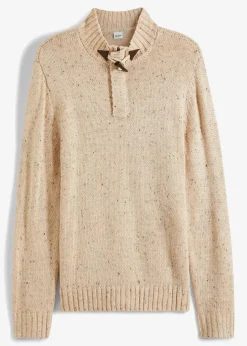 Pullover & Sweater*O46bpx Herren Strick-Pullover mit Duffle-Knopf Stehkragen-Sweater gesprenkelte Optik Große Größen 922837 Beige