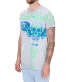 T-Shirts & Tank Tops*O46rn Herren T-Shirt kombinierfreudiges Totenkopf-Print Baumwoll-Shirt Rundhals-Shirt R-15264 Grau