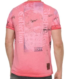 T-Shirts & Tank Tops*O46rn Herren T-Shirt mit Allover-Print im Used-Look Baumwoll-Shirt Rundhals-Shirt R-15295 Coral