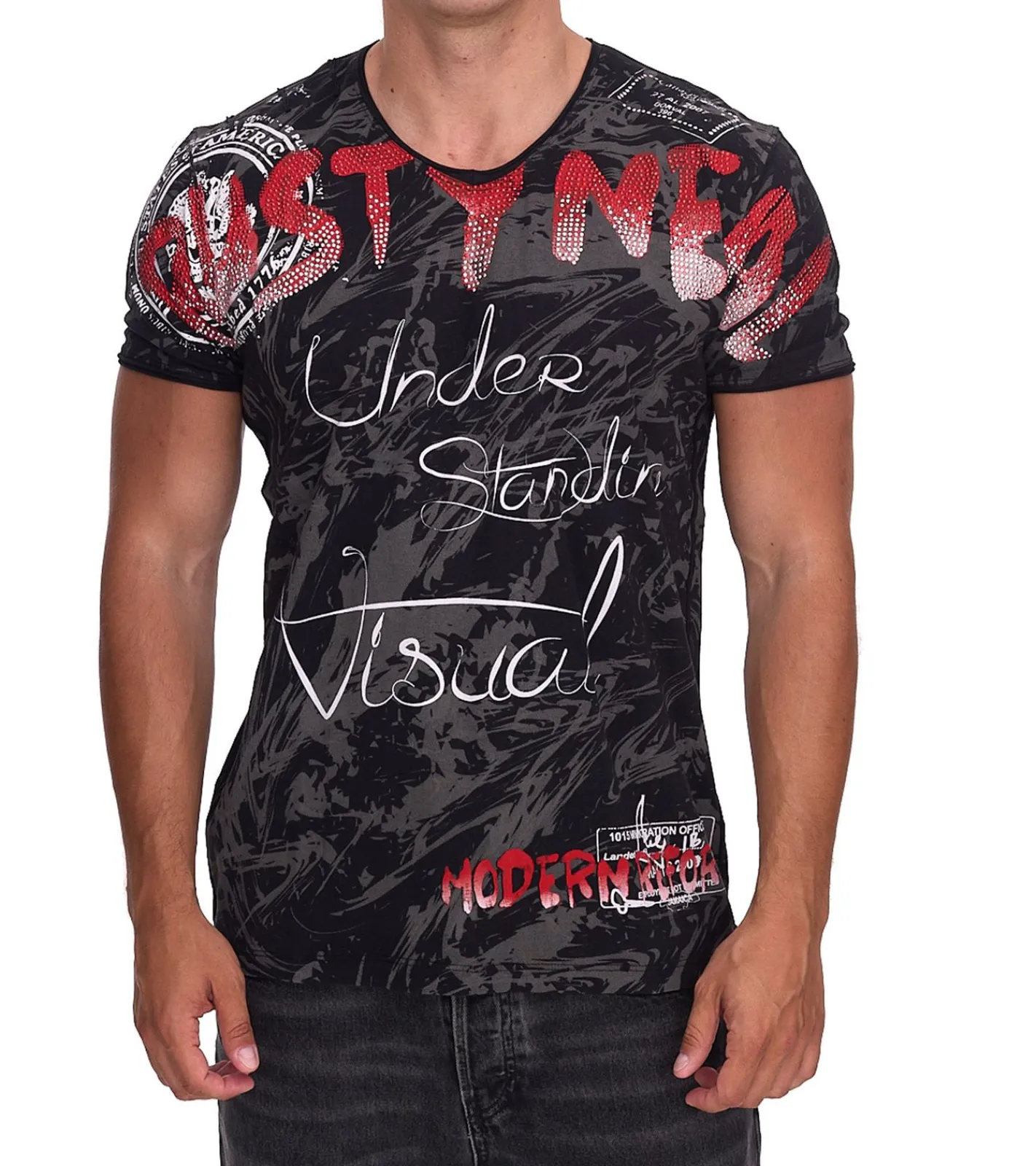 T-Shirts & Tank Tops*O46rn Herren T-Shirt mit aufwendigem Strass-Design Baumwoll-Shirt Rundhals-Shirt R-15162 Schwarz/Rot