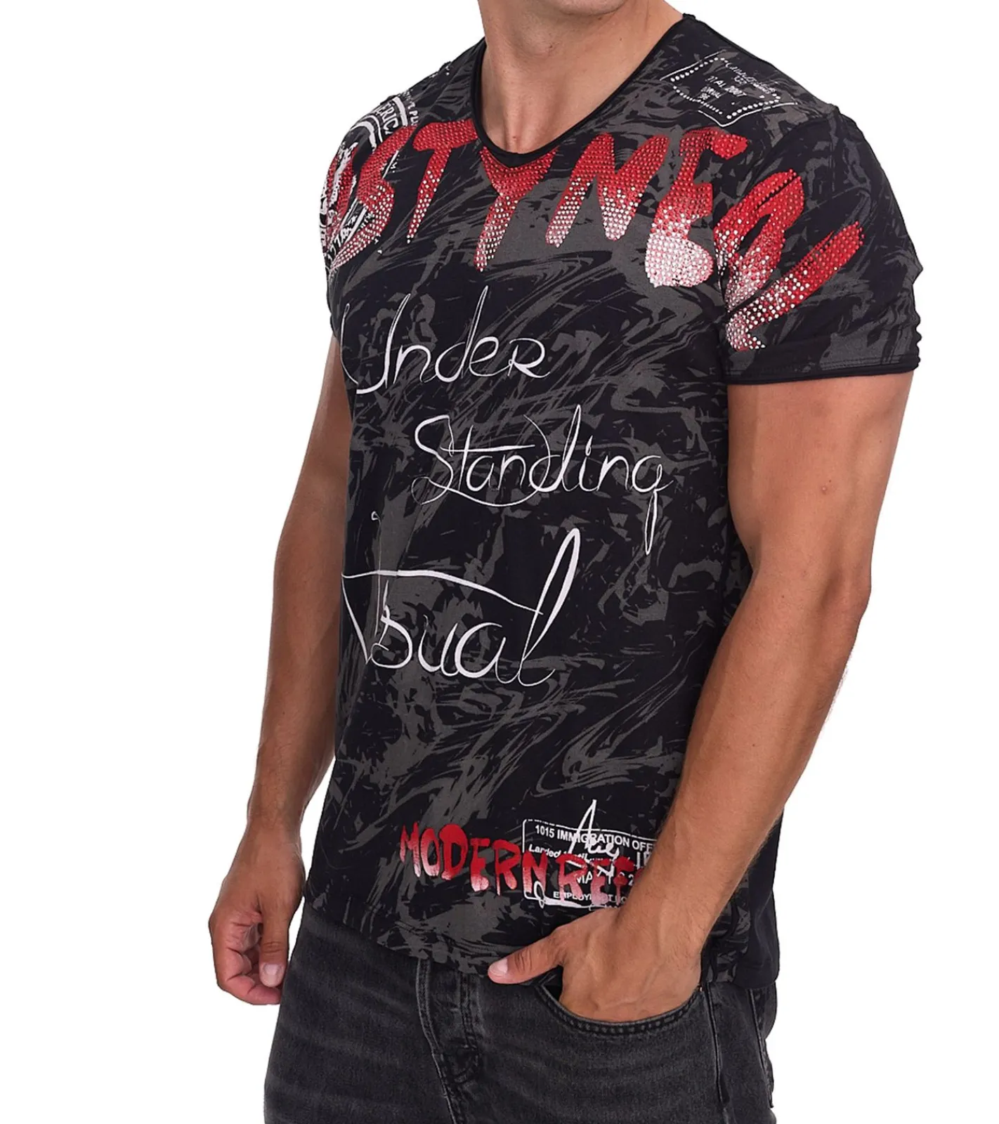 T-Shirts & Tank Tops*O46rn Herren T-Shirt mit aufwendigem Strass-Design Baumwoll-Shirt Rundhals-Shirt R-15162 Schwarz/Rot