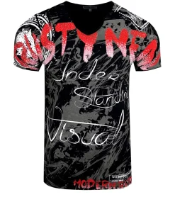 T-Shirts & Tank Tops*O46rn Herren T-Shirt mit aufwendigem Strass-Design Baumwoll-Shirt Rundhals-Shirt R-15162 Schwarz/Rot