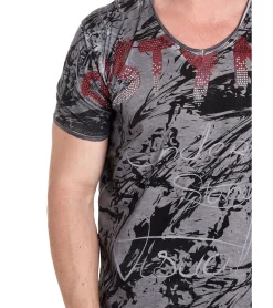 T-Shirts & Tank Tops*O46rn Herren T-Shirt mit aufwendigem Strass-Design Baumwoll-Shirt Rundhals-Shirt R-15162 Anthrazit