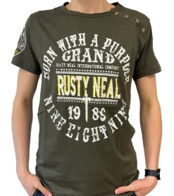 T-Shirts & Tank Tops*O46rn Herren T-Shirt mit Born with a Purpose Print Baumwoll-Shirt Rundhals-Shirt R-15216 Khaki