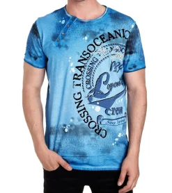 T-Shirts & Tank Tops*O46rn Herren T-Shirt mit plakativem Frontprint Baumwoll-Shirt Rundhals-Shirt R-15045 Petrolblau