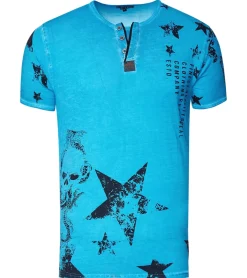 T-Shirts & Tank Tops*O46rn Herren T-Shirt mit Skull-Print und Knopleiste Baumwoll-Shirt Rundhals-Shirt R-15290 Turkis