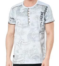 T-Shirts & Tank Tops*O46rn Herren T-Shirt mit Urban-Print Baumwoll-Oberteil Sommer-Rundhals-Shirt mit Knopfleiste R-15246 Hellgrau
