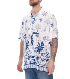 Hemden & Poloshirts*O46bpx Herren Viskose-Hemd Kurzarm-Hemd mit Blumen-Print Sommer-Hemd Urlaubs-Shirt 927967 Weiß/Blau