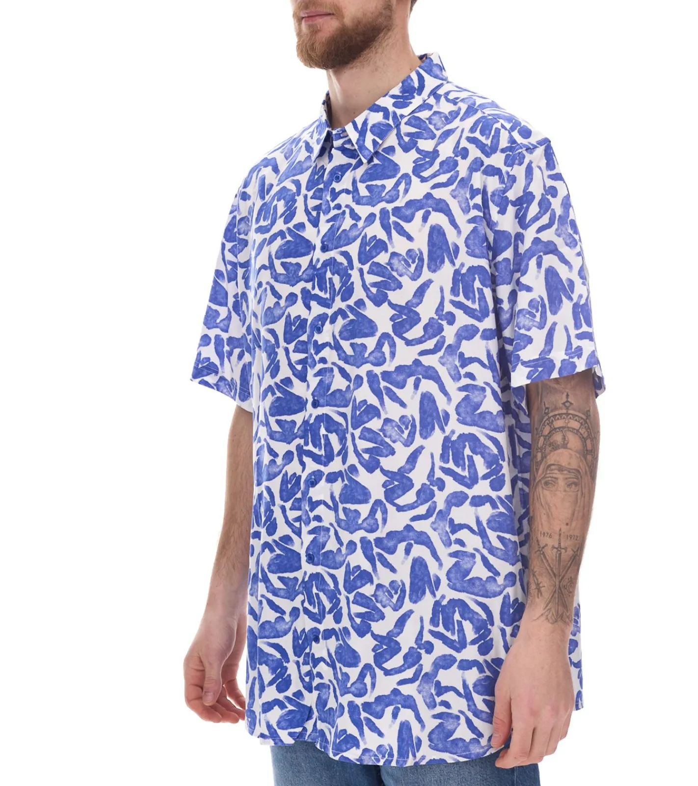 Hemden & Poloshirts*O46bpx Herren Viskose-Hemd Kurzarm-Hemd mit Blumen-Print Sommer-Hemd Urlaubs-Shirt 945910 Weiß/Blau