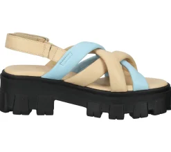 Zehentrenner & Sandalen*ILC Damen Sandalette Riemchen-Sandalen mit derber Sohle Echtleder C45-8541-06-11 Beige/Blau