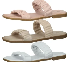Zehentrenner & Sandalen|Pantoffeln & Hausschuhe*ILC Livia Damen Pantolette Echtleder-Sandale mit gerafftem Riemen Sommer-Schuhe C45-3784 in , Beige oder Weiß Rosa
