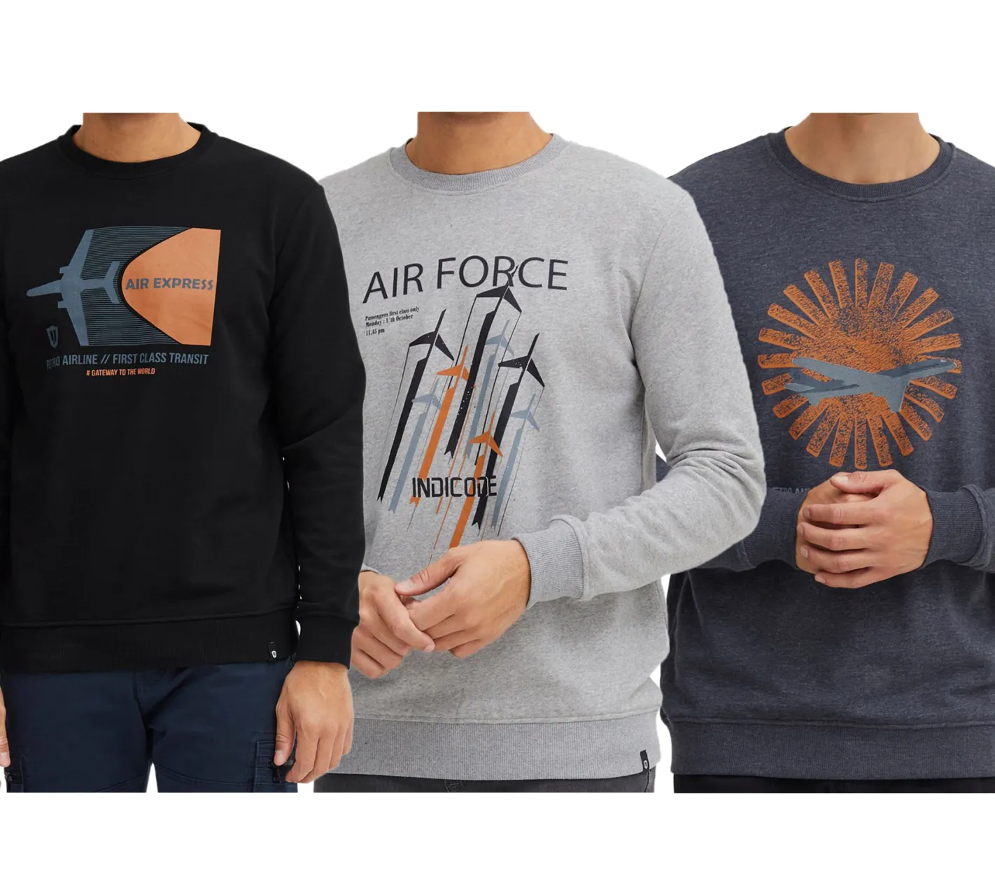 Pullover & Sweater*INDICODE IDForz Herren Baumwoll-Pullover Rundhals-Sweater mit großem Frontprint 55582MM , Grau oder Blau Schwarz