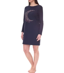 Bademode & Nachtwäsche*iris & lilly Damen Nachthemd langärmeliger Jersey-Pyjama mit Mond-Print NS2502 - B07QP1JKL5C Navy