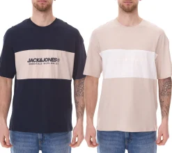 T-Shirts & Tank Tops*Jack & Jones Herren Rundhals-Shirt Baumwoll-Shirt T-Shirt Kurzarm-Shirt 12258883 Beige/Weiß oder Dunkelblau/Beige