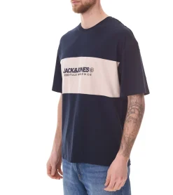 T-Shirts & Tank Tops*Jack & Jones Herren Rundhals-Shirt Baumwoll-Shirt T-Shirt Kurzarm-Shirt 12258883 Dunkelblau//Beige